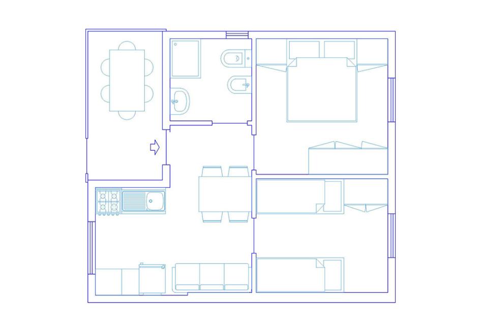 Apartment floor plan with two bedrooms, bathroom, kitchen, and living room.