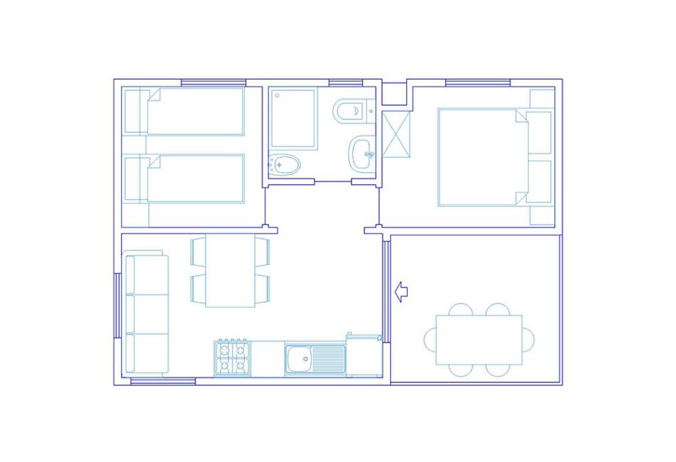 Apartment with two bedrooms, living room, kitchen, bathroom, and terrace.